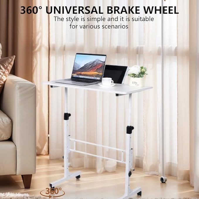 Adjustable Height Rolling Standing Desk with Lockable Wheels,Compact Laptop Desk for Home Office, Dorm, or Bedroom - 15.75" x31.5” - White