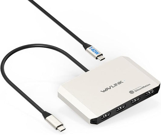 4 Monitor Docking Station, WAVLINK Quad Monitors Adapter for M1/M2/M3/M4 macOS Systems, 140W PD in, 4 HDMI, Quad 4K Output, SMI Driver & Host USB3.2 Gen 2 Required