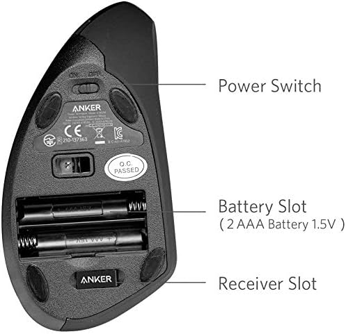 Anker 2.4G Wireless Vertical Ergonomic Optical Mouse for Work, Multi-Device Connectivity, 800/1200 /1600 DPI, 5 Buttons for Laptop, Desktop, PC - Black