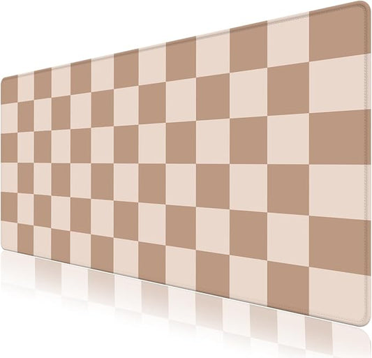 Big Desk Pad Mouse Pad, Large Gaming Mouse Mat with Stitched Edges, Non-Slip Waterproof Rubber Base Mous Mat for Office Computer Keyboard Laptop Home Decor (35.4X17.5 in), Milk Tea Brown Checkered