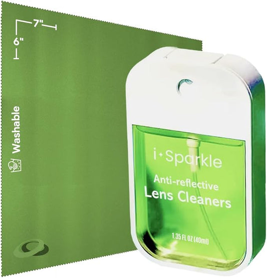 I-Sparkle Anti-Reflective Lens Cleaner Spray kit | (1x) 1.35oz Glasses Cleaner Spray + (1x) Microfiber Cloth for Eyeglasses, Sunglasses, Lenses, Screens and Camera Cleaning Kit (2 Piece Set)