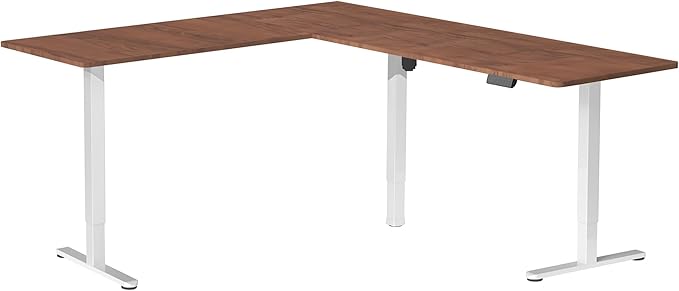 VIVO Corner Standing Desk, 84 x 63 inch Reversible L-Shaped Workstation, Electric Height Adjustment, Home, Office, and Reception Rooms, Dark Walnut Table Top White Frame, DESK-E3CTWD-84