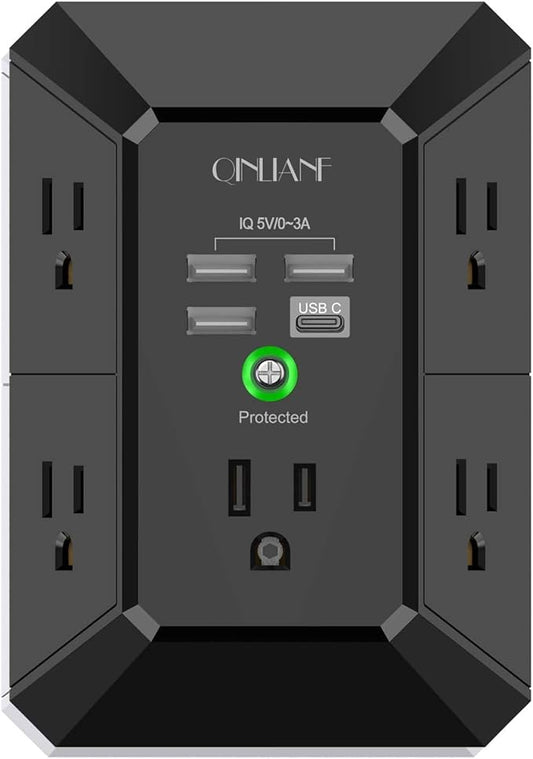 USB Wall Charger, Surge Protector, QINLIANF 5 Outlet Extender with 4 USB Charging Ports (4.8A Total) 3-Sided 1680J Power Strip Multi Plug Outlets Wall Adapter Spaced for Home Travel Office, Black