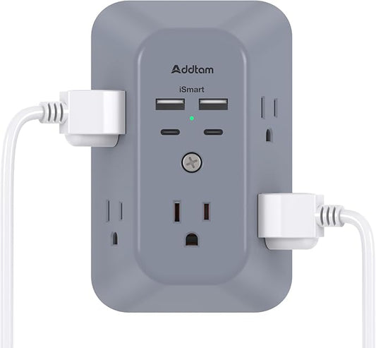 Addtam Surge Protector Outlet Extender, Multi Plug Wall Outlet with 4 USB Ports(2 USB-C), 3-Sided 1800J Power Strip Plug Extension Outlet Splitter, Gray