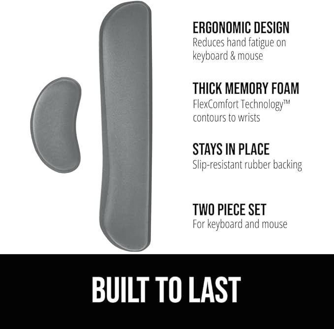 GORILLA GRIP Silky Gel Memory Foam Wrist Rest for Computer Keyboard, Mouse, Ergonomic Design for Typing Pain Relief, Desk Pads Support Hand and Arm, Mousepad Rests, Stain Resistant, 2 Piece Pad, Gray