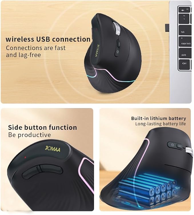JOMAA Wireless Vertical Mouse, Multi-Device Bluetooth 5.2 & 2.4G Ergonomic Mouse with RGB Lighting, 4000 CPI, 500mAh Rechargeable, for Laptop, PC, Computer, Mac, Windows,Android, Desktop