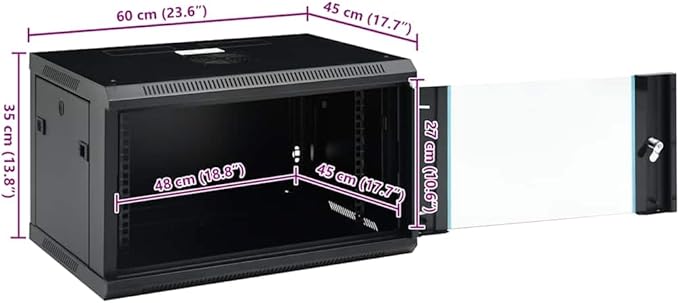 6U Wall Mount Network Cabinet 19 inch Server Rack Enclosure, Lockable Toughened Glass Door, Ventilated Data Cabinet for Router, Modem, Switch, Black, 23.6x17.7x13.8 Inches