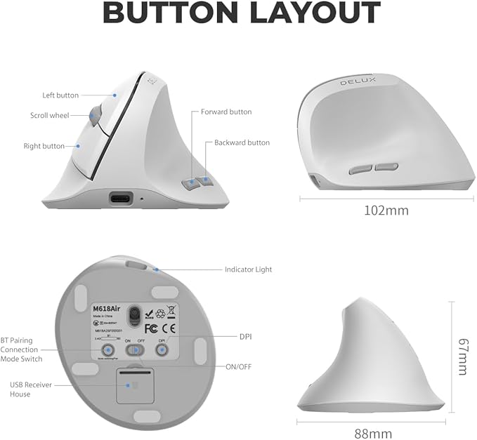 DELUX Wireless Ergonomic Vertical Mouse for Small Hands, Rechargeable Vertical Mouse, Lightweight, 4000DPI, 6 Buttons, 2.4G+BT5.2 Dual-mode for Carpal Tunnel, for Window, MacOS, Laptop (M618AIR-White)