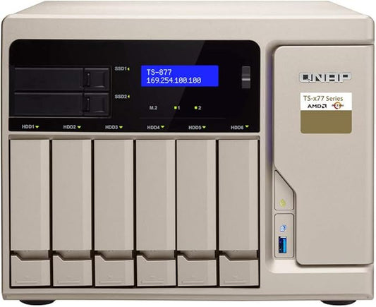 QNAP TS-877 NAS Server Including iSCSI Target Support, AMD Ryzen 5 6 Core 3.2GHz CPU, 32GB DDR4 RAM, 1TB SSD, 12TB HDD, RAID, QTS 4.3 Operating System