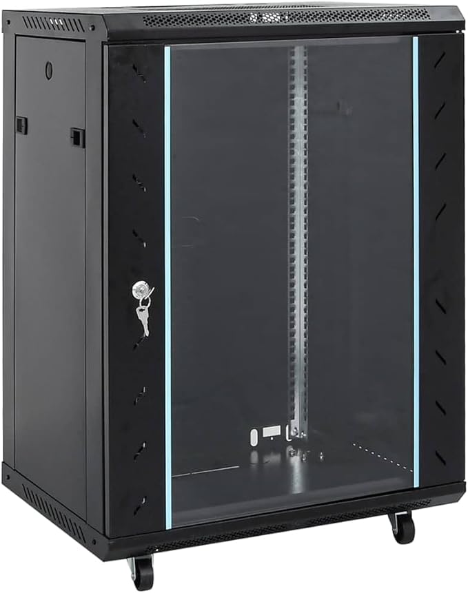 15U Network Cabinet 19 Inch Server Rack Enclosure, 23.6x17.7x33.9 Inch Data Storage Rack with Lockable Tempered Glass Door and Swivel Feet, Cold-Rolled Steel Server Cabinet