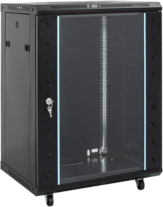15U Network Cabinet 19 Inch Server Rack Enclosure, 23.6x17.7x33.9 Inch Data Storage Rack with Lockable Tempered Glass Door and Swivel Feet, Cold-Rolled Steel Server Cabinet