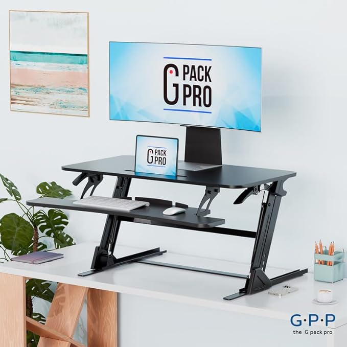 38″ Wide Standing Desk Converter – Sit-to-Stand Workstation for Dual Monitors, Height Adjustable Up to 17.3″ with Large Keyboard Tray – Black