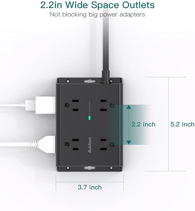 10FT Flat Plug Extension Cord with Multiple Outlets, Surge Protector Power Strip 10 ft Cord, 8 Outlets 4 USB Ports (2 USB C), Multi Outlet Wall Plug for Home Office College Dorm Room Essentials, Black