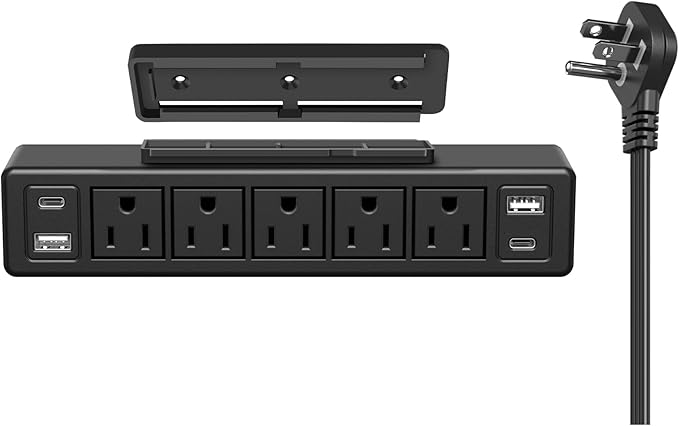 40W Under Desk Power Strip Mountable,20W USB-C Fast Charging Flat Plug Power Strip Surge Protector 1200J,9 in 1 Desk Outlet,5 Outlets,2 USB-C,2 USB-A,10FT Extension Cord Black