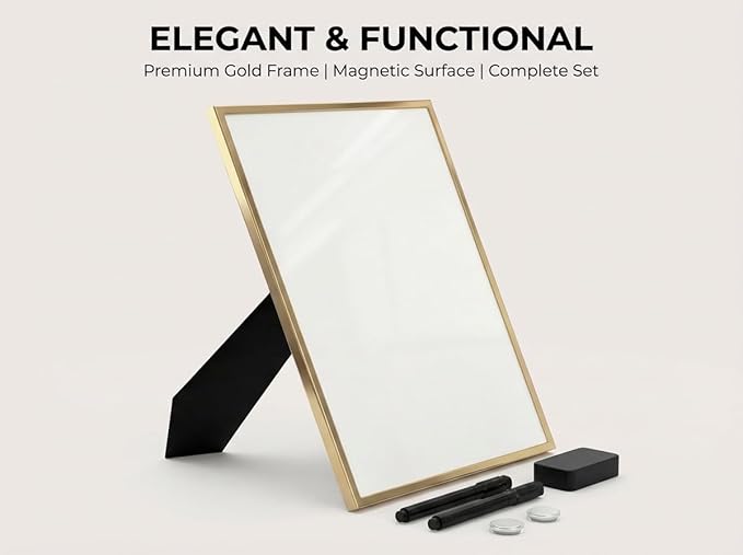 Small Whiteboard 12 x 16 Inch Magnetic Dry Erase Board with Stand & Wall Mount | Gold Aluminum Frame | Desktop Board for Home, Office, Reception, Events | 2 Markers, Eraser & 2 Magnets
