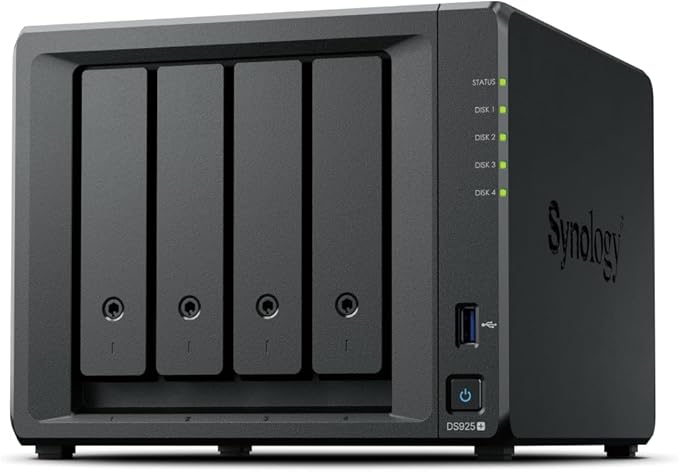 DS925+ 16TB 4-Bay NAS Server Combo with 4x4TB Enterprise HDD Storage, 4GB DDR4 RAM, AMD Ryzen V1500B 4-Core 2.2GHz, Dual 2.5GbE LAN