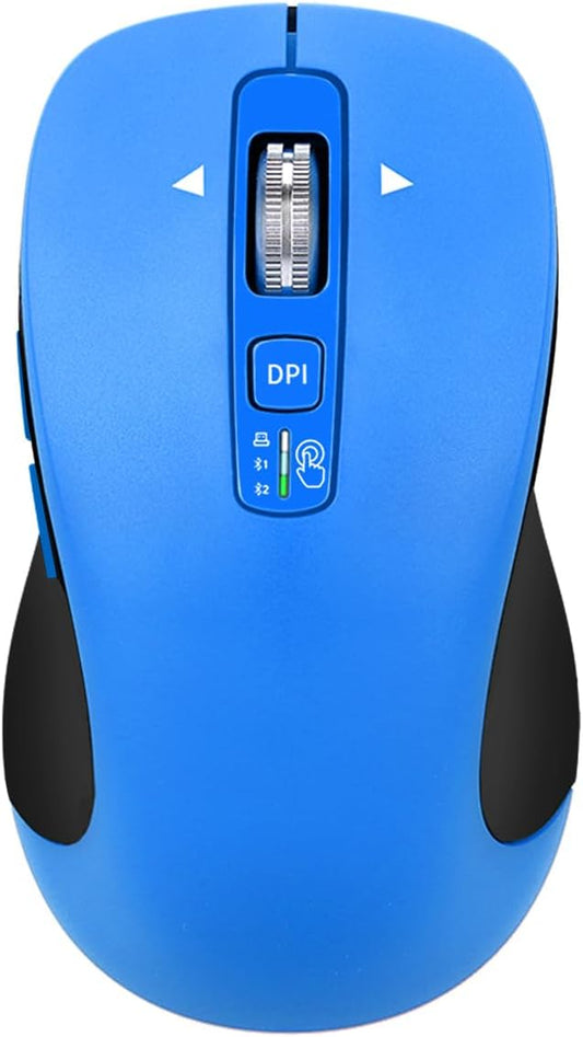 Wireless Bluetooth Mouse (USB + BT1 + BT2), Full Size, 4-Way Scrolling, Multi-Device Silent Mouse for Computer, Laptop, iPad, MacBook (Blue)