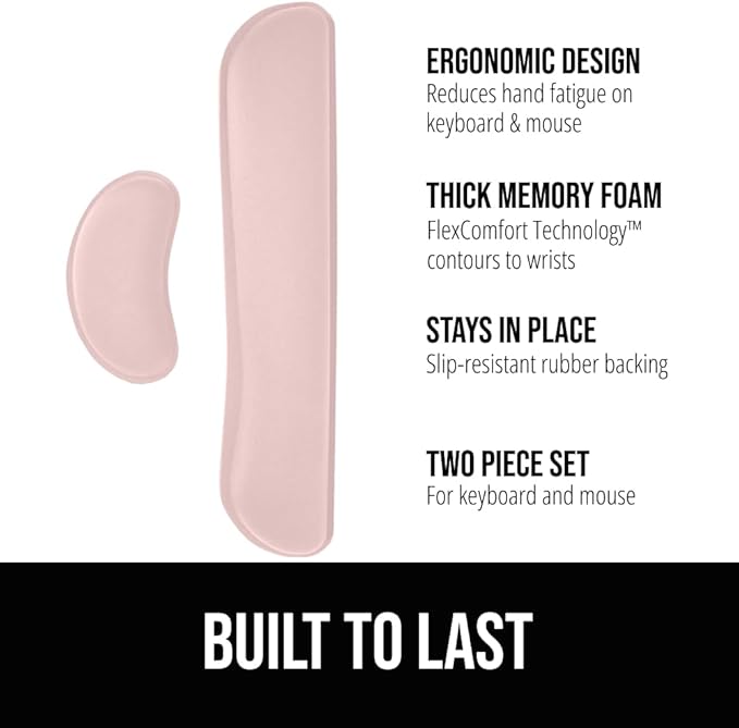 GORILLA GRIP Silky Gel Memory Foam Wrist Rest for Computer Keyboard, Mouse, Ergonomic Design for Typing Pain Relief, Desk Pads Support Hand Arm Mousepad Rests, Stain Resistant, 2 Piece Pad, Light Pink