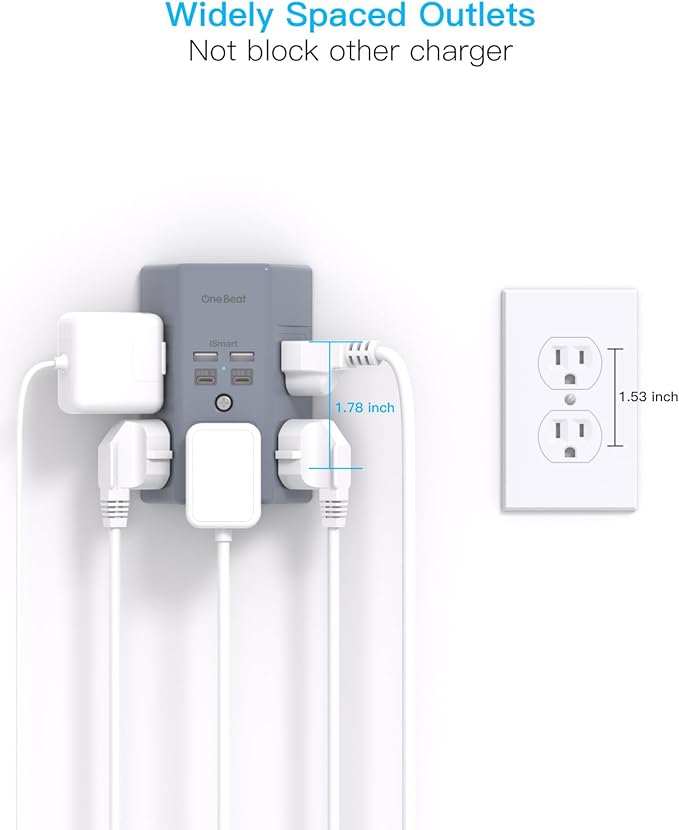 Surge Protector, 5 Outlets Extender with 4 USB Ports(USB C), 3-Side 1680J Power Strip Multi Plug Outlet Expander, USB Wall Charger, Outlet Splitter Adapter Wall Mount for Home Office ETL Listed（Grey）