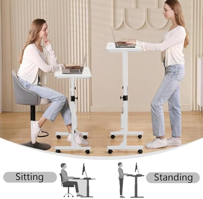 Adjustable Height Rolling Standing Desk with Lockable Wheels,Compact Laptop Desk for Home Office, Dorm, or Bedroom - 15.75" x31.5” - White