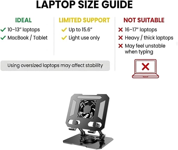 Black Laptop Cooling Stand with Turbo Fan, Adjustable Height & Angle, 360° Rotating Aluminum Notebook Riser for Up to 15.6” Laptops & Tablets (Best for 13” Lightweight Devices)