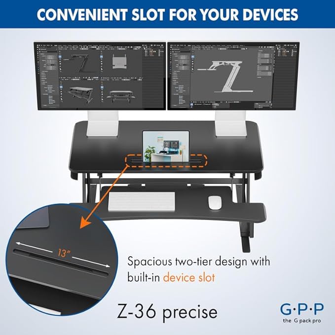 36″ Wide Standing Desk Converter – Sit-to-Stand Workstation for Dual Monitors, Height Adjustable Up to 17.3″ with Large Keyboard Tray – Black