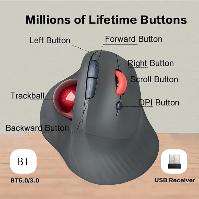 Dual Mode Wireless Vertical Computer Trackball Mouse, Ergonomic Bluetooth Thumb-Control Mouse with Quiet Clicks Ergonomic Design Adjustable CPI ,Built-in 500mAh Battery Rechargeable for PC/Mac/Laptop