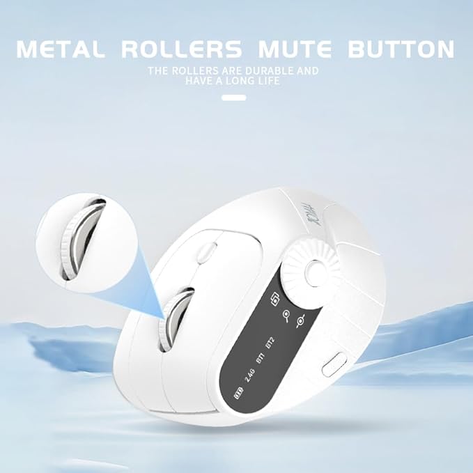 JOMAA Wireless 2.4G & Dual Bluetooth Three-Channel Ergonomic Vertical Mouse Adjustable DPI, Multi-Function Turntable for PC, Laptop, MacBook, Rechargeable (White)