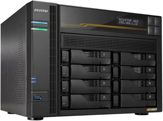 Asustor Lockerstor 8 Gen3 AS6808T 8 Bay NAS Network Storage, AMD Ryzen Quad-Core 2.3 GHz, 16GB RAM ECC DDR5, 4 M.2 NVMe Slots, Dual 5GbE & Dual 10GbE Port, USB4 Type-C, Network Attached Storage