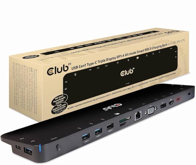 Club 3D CSV-1565 USB Gen1 Type-C Triple Display DP1.4 Alt Mode Smart PD3.0 Charging Dock with 100 Watt Power Supply