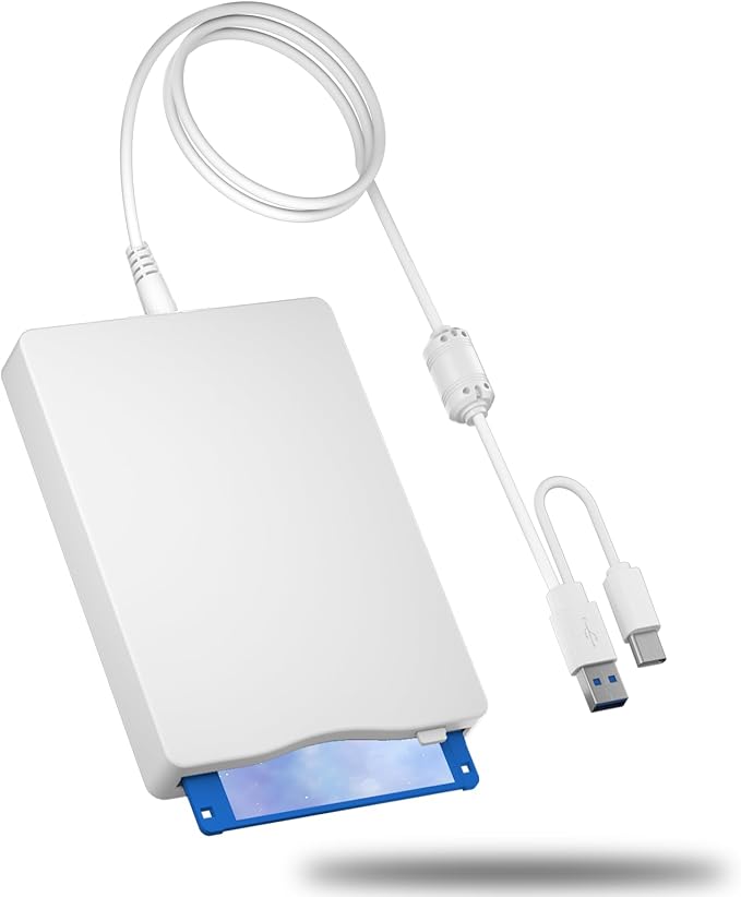 USB Floppy Drive, 3.5" External USB & Type-C Floppy Disc Reader, External Floppy Disk Drive Portable 1.44 MB Plug and Play FDD for PC Windows XP 7 8 10 11(White)