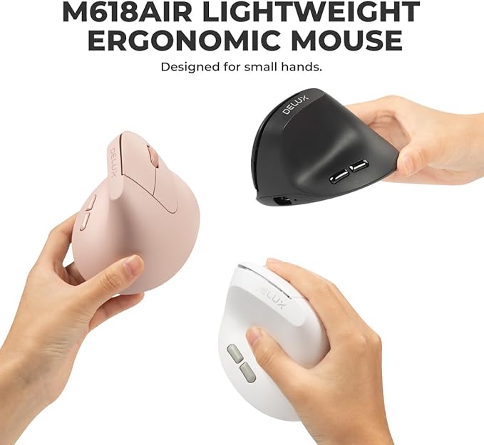 DELUX Wireless Ergonomic Vertical Mouse for Small Hands, Rechargeable Vertical Mouse, Lightweight, 4000DPI, 6 Buttons, 2.4G+BT5.2 Dual-mode for Carpal Tunnel, for Window, MacOS, Laptop (M618AIR-White)