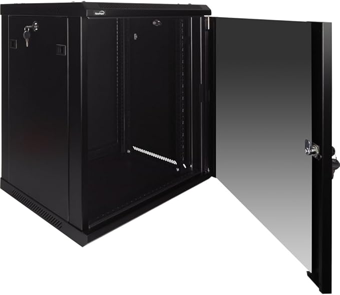 NavePoint 12U Wall Mount Network Cabinet for 19” IT Equipment, A/V, Tempered Glass Door, Locks, 2 Fans, 450mm Depth, Max Weight 132 lbs