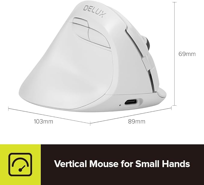 DELUX Left Handed Ergonomic Mouse, Mini Wireless Vertical Mouse, Silent Click Ergonomic Mouse, Up to 4000 DPI, 6 Buttons, Rechargeable, Bluetooth/2.4G/ Wired, Tri-Mode for Laptop/PC (M618ZD-White)