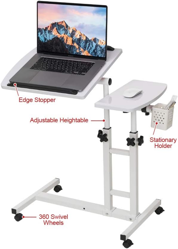 Adjustable Laptop Desk with Wheels, Overbed Bedside Desk, Wheels Height Adjustable Desk Cart,Standing Laptop Desk,Moveable Laptop Stand,Tilting Over Bed Table,Rolling Laptop Stand-White.