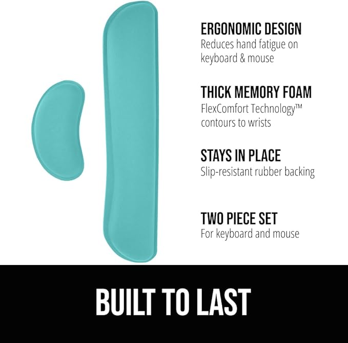 GORILLA GRIP Silky Gel Memory Foam Wrist Rest for Computer Keyboard, Mouse, Ergonomic Design for Typing Pain Relief, Desk Pads Support Hand, Arm, Mousepad Rests, Stain Resistant, 2 Piece Pad Turquoise