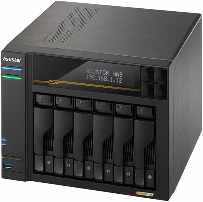 Asustor Lockerstor 6 Gen3 AS6806T 6 Bay NAS, AMD Ryzen Quad-Core 2.3 GHz, 16GB RAM ECC DDR5, 4 M.2 NVMe Slots, Dual 5GbE and Dual 10GbE Port, USB 4.0 Type-C, Network Attached Storage (Diskless) - Ryze