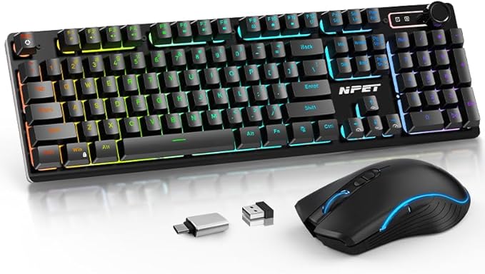 NPET S21PRO Wireless Gaming Keyboard and Mouse Combo, LED Backlit Rechargeable 3500mAh Battery, Mechanical Feel Anti-ghosting Keyboard + 7D 3200 Mice for PC Gamer（USB Receiver is Under The Mouse）