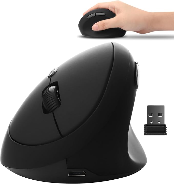 YOCUNKER USB Rechargeable Vertical Mouse 2.4GHz Wireless M Size for Small Hands, Ergonomic Optical Low Noise 6 Buttons, Reduce Wrist Strain, for MacBook/PC/Laptop/Desktop/Windows,Black