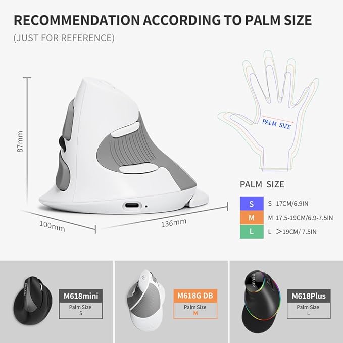 DELUX Ergonomic Vertical Mouse Wireless, Rechargeable Vertical Mouse, Bluetooth/2.4G Dual Mode, Slient Click, Removable Wrist Rest, 800/1200/1600DPI Levels, 6 Buttons, for Laptop/PC (M618G DB-White)