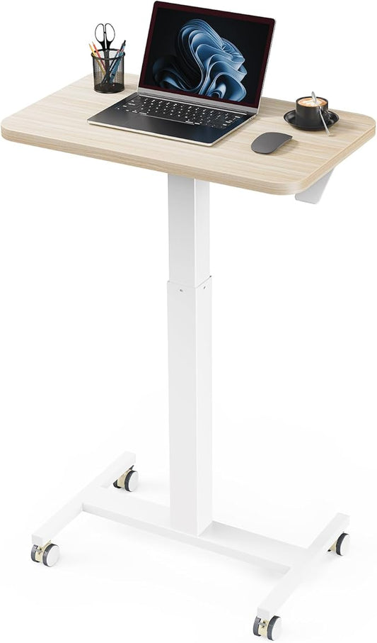 Marsail Mobile Standing Desk, Wider Height Adjustable Computer Desk, Rolling Sit Stand Desk with 4 Lockable Wheels, Ergonomic Desk for Home Office and Classroom, Natural