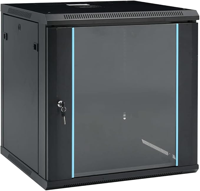 12U Wall Mount Network Cabinet 19 Inch Data Enclosure, 23.6 x 23.6 x 25.2 Inch Server Rack with Lockable Toughened Glass Door, Removable Side Panels for Home Office IT Equipment, Black
