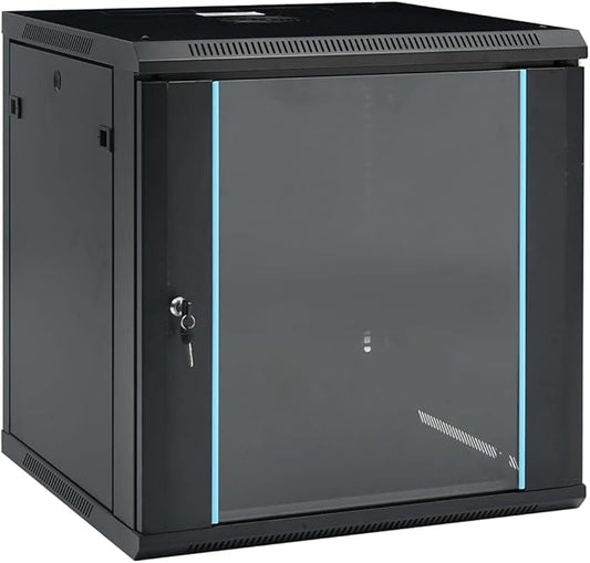 12U Wall Mount Network Cabinet 19 Inch Data Enclosure, 23.6 x 23.6 x 25.2 Inch Server Rack with Lockable Toughened Glass Door, Removable Side Panels for Home Office IT Equipment, Black