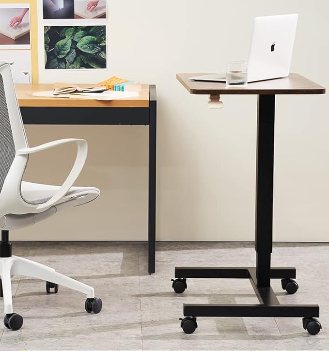 CLATINA Mobile Laptop Desk Pneumatic Sit to Stand Table Height Adjustable Rolling Cart with Lockable Wheels for Home Office Computer Workstation 28" x 19" Brown Round Edge Design Elegant