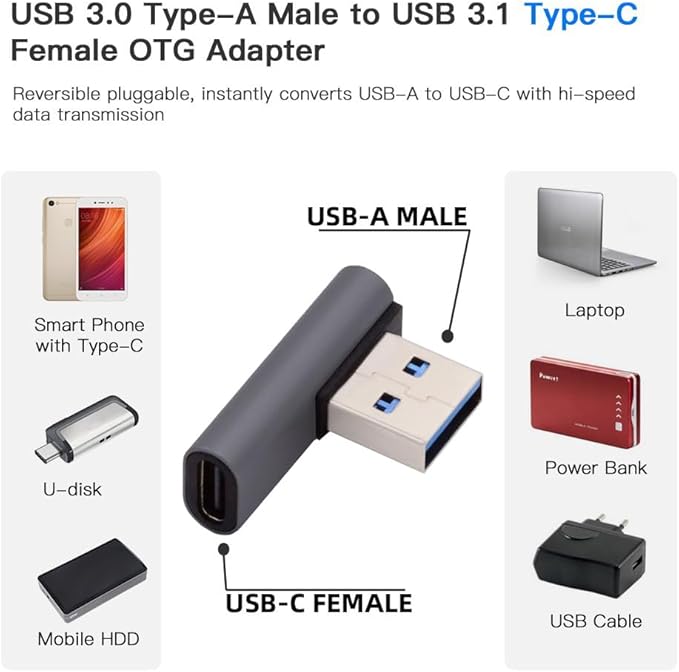 CY USB-C Type C Female Low Profile 90 Degree Left Angled to USB 3.0 A Male Data Adapter for Laptop Desktop