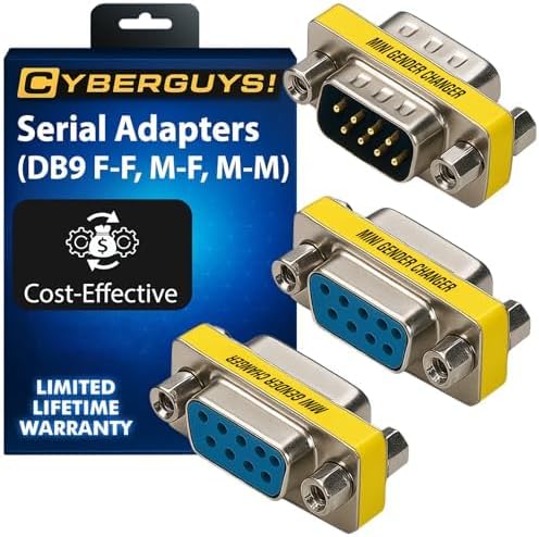 Cyberguys DB9 Gender Changer 3-Pack – Serial Adapter Set Includes DB9 Female to Female, Male to Male, and Male-to-Female – Slimline RS232 Connector Adapter for PC, Modem, POS, Router, Switch, Printer