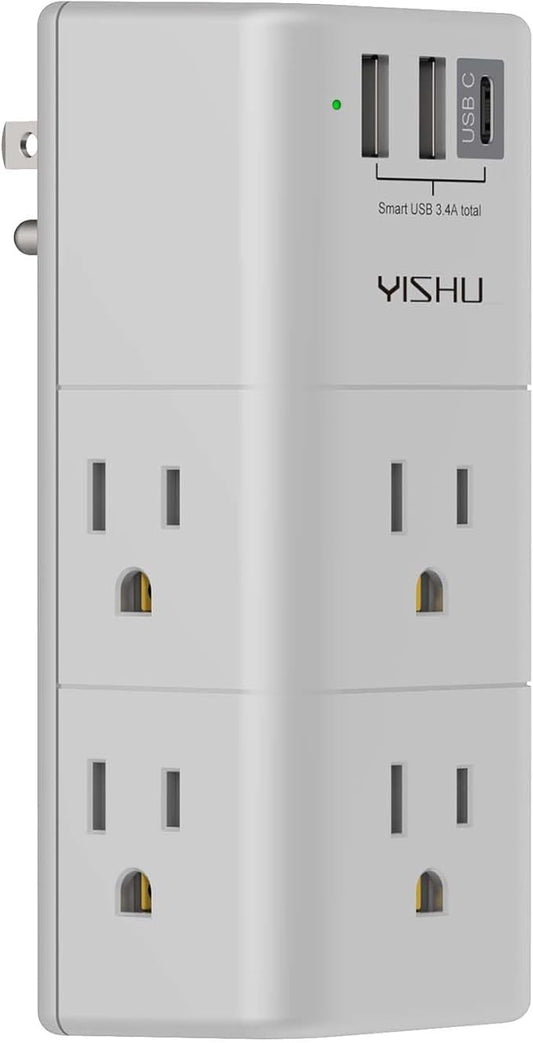 Multi Plug Outlet Surge Protector - YISHU Outlet Extender with Rotating Plug, 6 AC Outlets and 3 USB Ports, 3-Sided Swivel Power Strip Ideal Stocking Stuffers, Gray