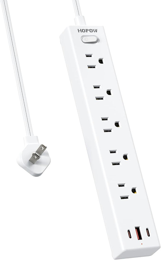 2 Prong Power Strip, 2 to 3 Prong Outlet Adapter with 1700J Surge Protection, 6ft Two Prong Extension Cord, 5 AC Outlets & 3 USB(5V 3.4A Max), Wall Mount for Non-Grounded Outlet, White