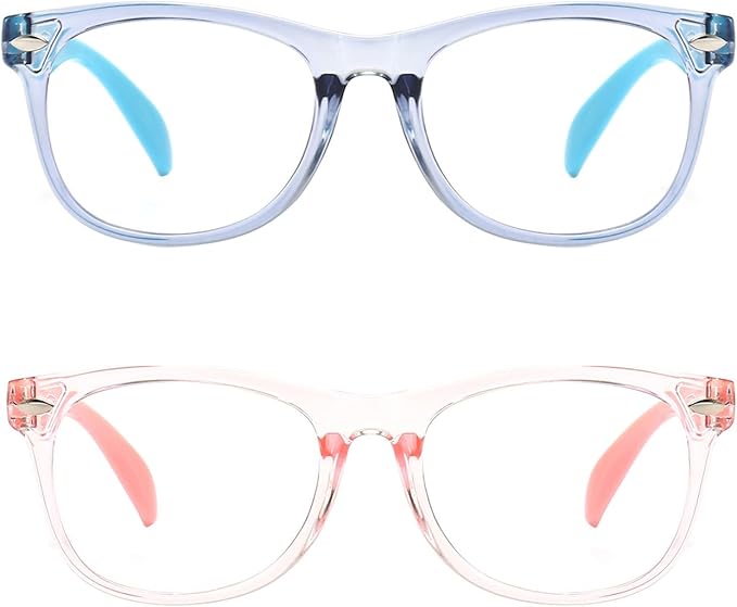 2 Pack kids Blue Light Blocking Glasses For Girls And Boys Computer Blue Light Blocking Glasses For Age 3-11 (Light blue + Light pink)