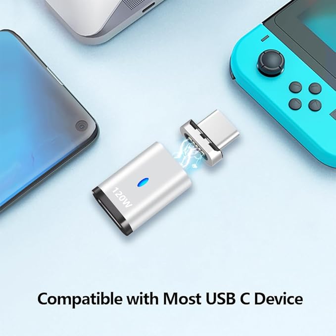 USB C Magnetic Adapter 2 Pack, USB2.0 Type C Straight Connector 5Pin with PD 120W Charge and 480Mbps Data Transfer, Compatible for MacBook Pro/Air iPad Pro and More USB C Devices, Silver